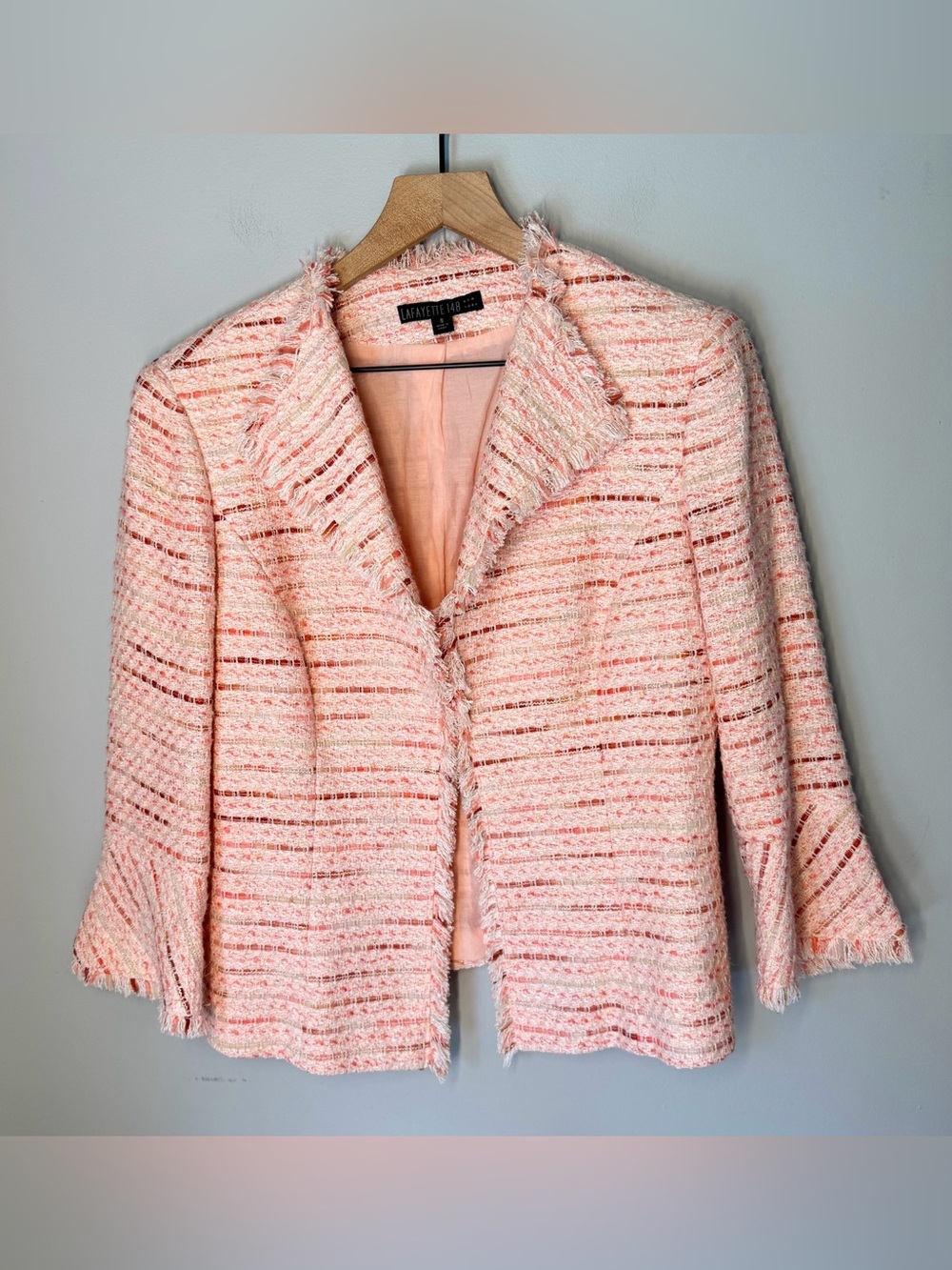 LAFAYETTE 148 Petal Pink Tweed Fringe Edge Lined Blazer Jacket Sz 8 - Picture 1 of 10